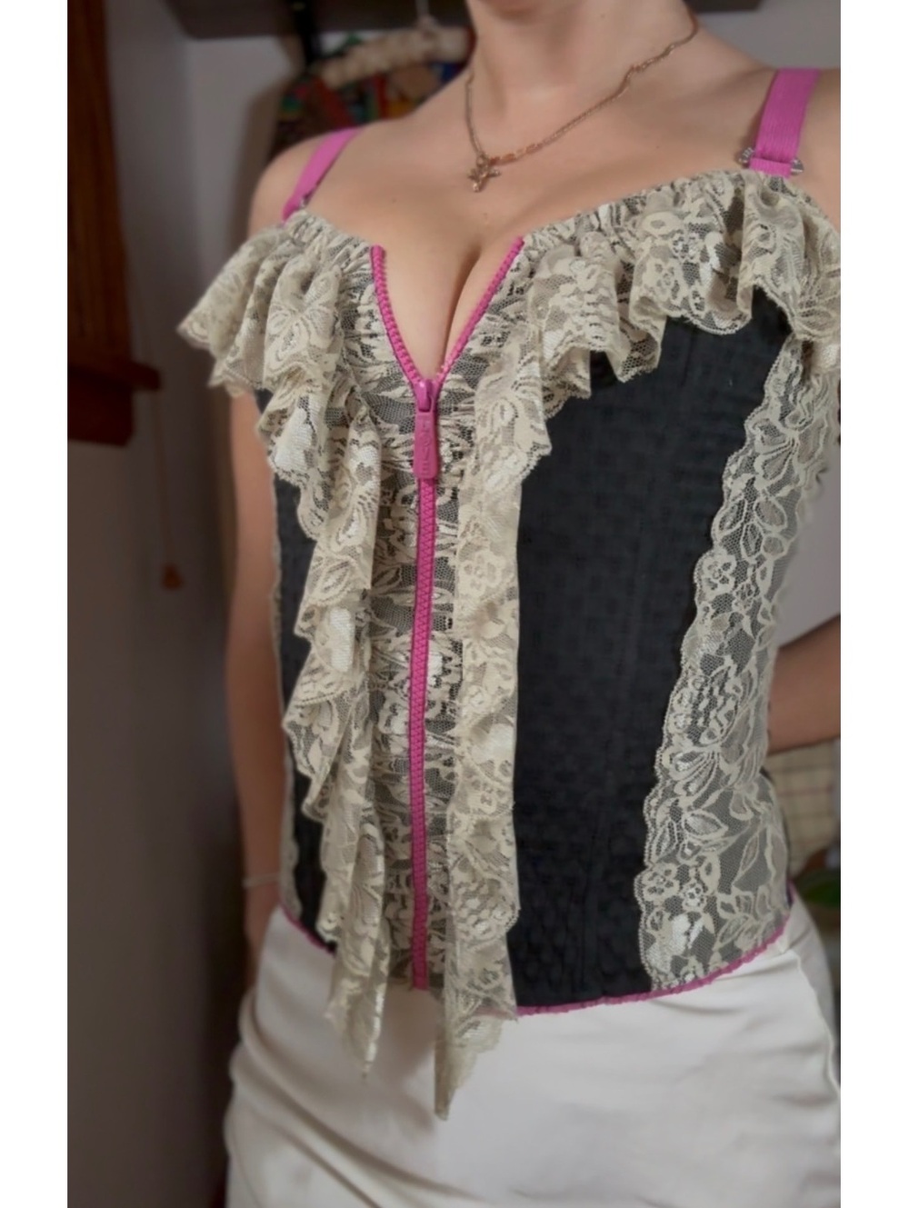 Vintage Morgan De Toi Women's Pink and black & cream lace corset size T36 - Picture 6 of 9